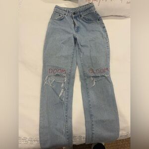 The Ragged Priest Light Blue Straight Leg Jeans with Red Embroidery